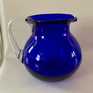 Vintage Cobalt Blue Glass Pitcher With Clear Glass Handle